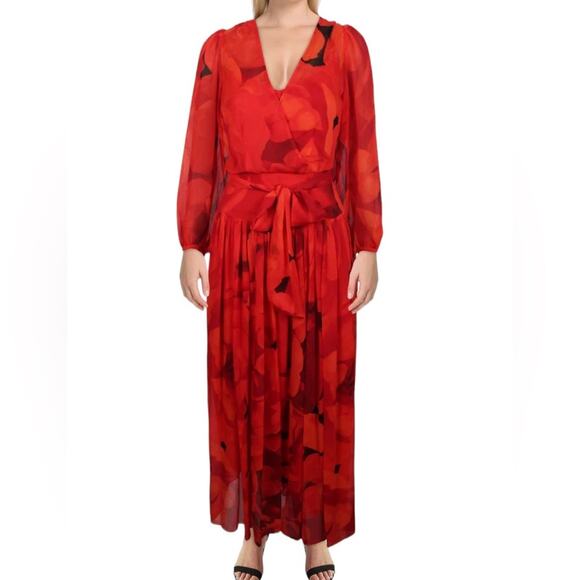 Calvin Klein Romantic Floral Tie Dye Flowy Belted Boho Sleeved Maxi Dress Size 4 - Picture 2 of 7